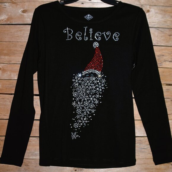 Christmas Believe rhinestone bling long sleeved shirt XS S M L XL XXL 1X 2X … - Picture 2 of 9
